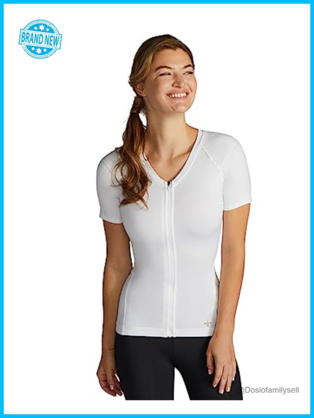 Womens V Neck Compression Shirt Short Sleeve Back Support Zip